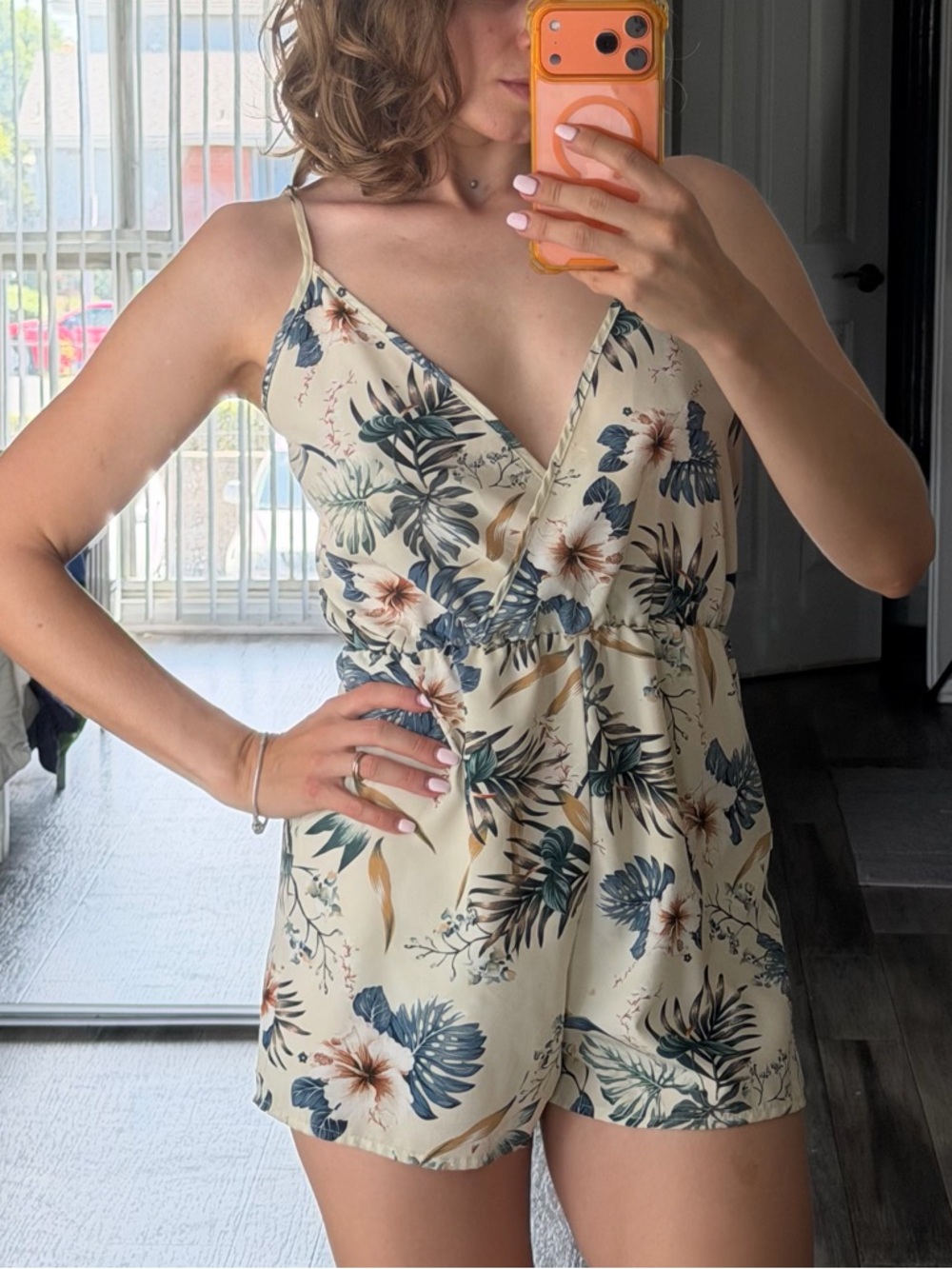SHEIN Cream Floral Tropical Print Satin Romper